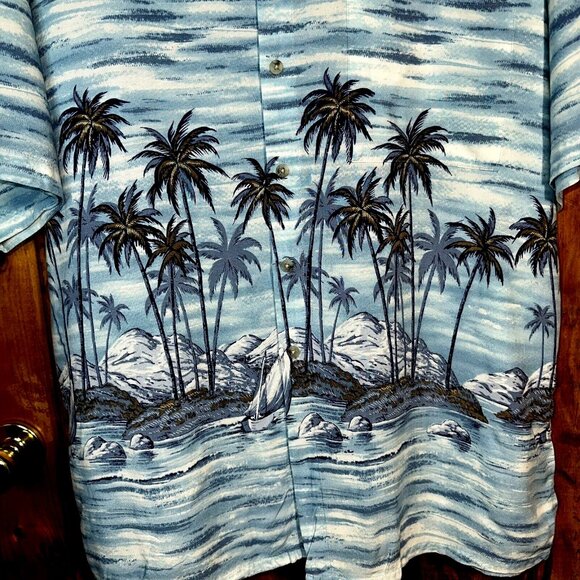 Half Moon Bay VTG Rayon Hawaiian Shirt XL Sailboats Palm Trees Made in Korea - Picture 3 of 5